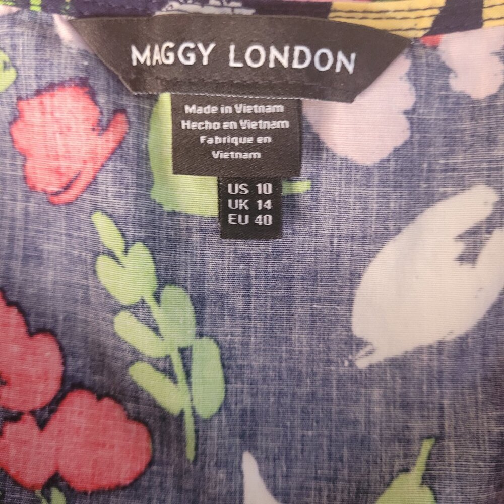 Maggy London Navy Floral Dress Ruffled Sleeveless Pockets Sz 10 - Picture 7 of 8